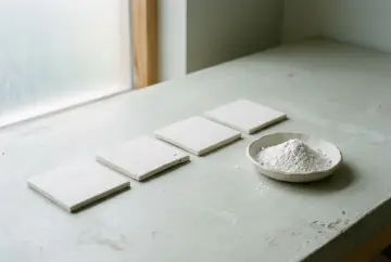 Unglazed ceramic tiles beside a bowl of white powder