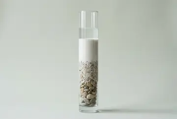 A clear column filled with layers of gravel and white sand
