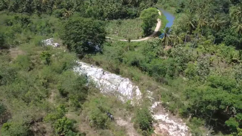 Aerial view of a long white quartz vein crossing green scrubland